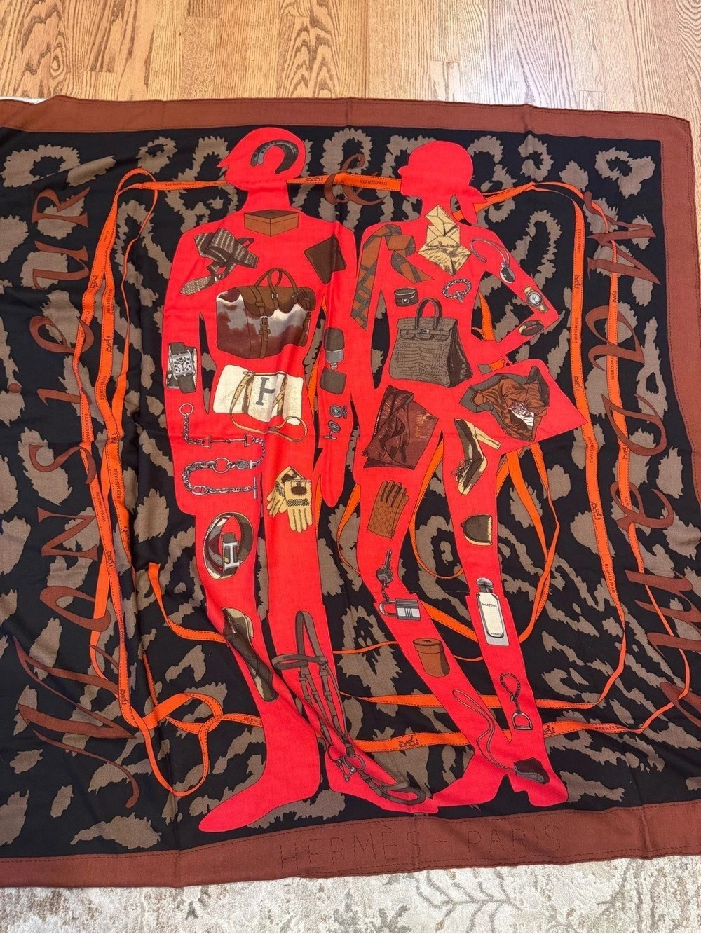 Hermès Monsieur et Madame Cashmere Silk Shawl 140 Red & Black